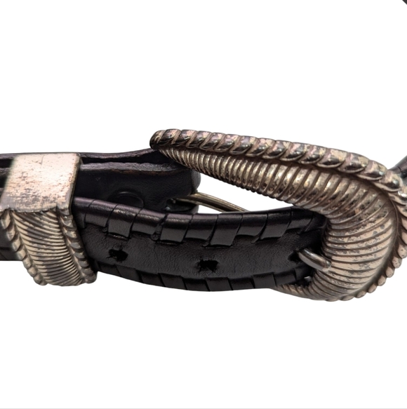 Onyx Women’s Western Black Brown Textured Leather Belt Silver Buckle Size 34 - Picture 4 of 6
